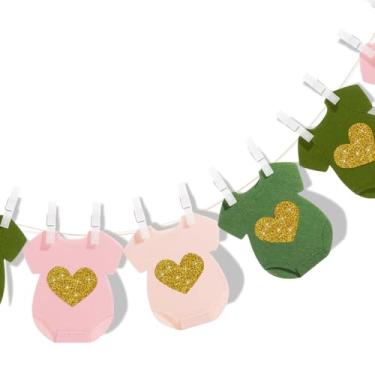 Imagem de Breling 9 peças de body neutro para chá de bebê faixa de gênero revelar decorações amor glitter manga curta ternos corporais varal guirlanda roupa de bebê para decoração de chá de bebê (verde, rosa)