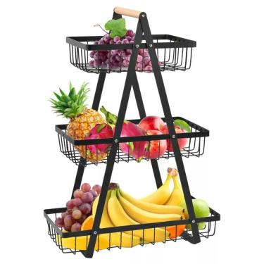 Imagem de Fruteira Cesto Organizador Triplo Aramado Fruta Legumes Cozinha Mesa Bancada Prateleira Escritorio Armario Moderno Multiuso Resistente