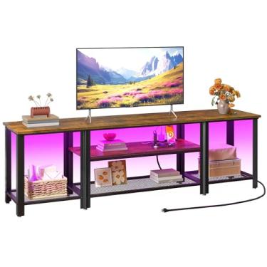 Imagem de WelFurGeer Suportes de TV de metal industrial com luzes LED RGB e tomadas embutidas – Centro de entretenimento de TV moderno para sala de estar, console de TV com design de grade aberta com