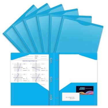 Imagem de Pacote com 6 pastas de plástico resistente com garras e bolso frontal transparente, 3 bolsos com 3 pinos e 2 compartimentos para cartão, pastas de arquivo azuis servem em papel tamanho carta para