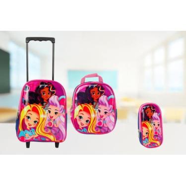 Imagem de Mochila Escolar Infantil Com Rodinhas Rosa Princesa + Lancheira e Esto