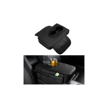 Imagem de BESULEN Capa de console central de carro, protetor de braço grosso de couro com suporte de copo e 2 sacos de armazenamento, acessórios de almofada de assento de descanso de braço interno automotivo