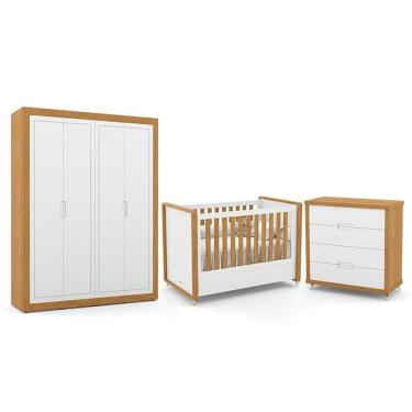 Imagem de Dormitório Tutto New 4 Portas, Cômoda 4 Gavetas e Berço Branco Soft/Freijó - Matic Móveis