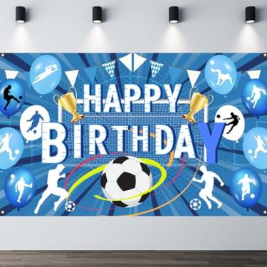 Imagem de Banner de aniversário de futebol, fundo de faixa de futebol de feliz aniversário, com designs de gol de troféu, pano de fundo de tema de futebol azul branco para meninos, meninas, adultos, fundo