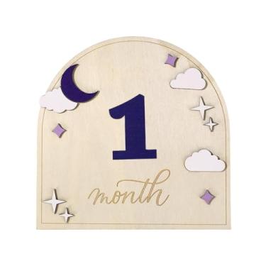 Imagem de Cartão de Marco Mensal do Bebé, Estrela e Lua Madeira 3D Disco Anúncio Bebé Placas Marco Recém-Nascido para Memórias Primeiro Ano