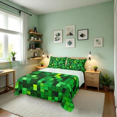 Imagem de Jogo de cama solteiro Pixelated Blocks Miners, gamepad, videogame, gamepad, fácil de lavar, quadriculado geométrico, decoração de quarto infantil, lençol verde (com elástico + 1 fronha)