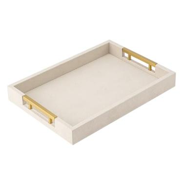 Imagem de Bandeja de servir de couro sintético bege com alças – Bandeja decorativa grande para mesa de centro, otomana, sala de estar, banheiro – decoração de casa