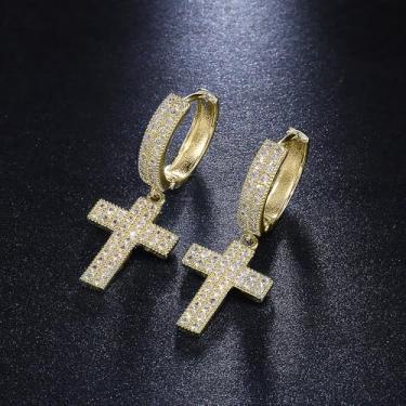Imagem de Brincos de pingente de cruz modernos de luxo para mulheres joias hip hop, 1.42, Latão, Zircônia cúbica