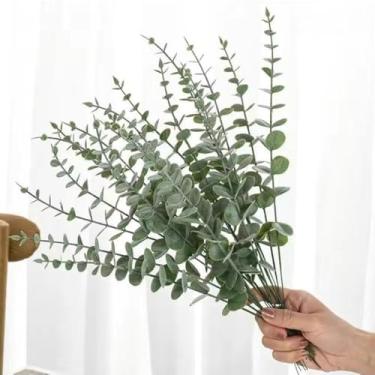 Imagem de 12 peças de folhas artificiais de eucalipto falsas ramos de folhas verdes para buquês faça-você-mesmo, decoração de casa para festa de casamento (12 peças - verde profundo)