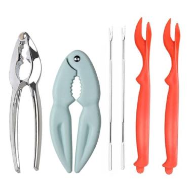 Imagem de Conjunto de 6 biscoitos de caranguejo e frutos do mar e nozes abertas, 1 braçadeira de aço inoxidável para abrir nozes, 2 ferramentas de plástico vermelho, 2 alicates de aço inoxidável para comer