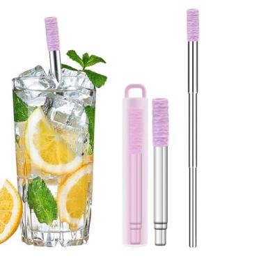 Imagem de Canudos de metal reutilizáveis, canudo dobrável de aço inoxidável com ponta de silicone e escova de limpeza – canudo de metal telescópico portátil com capa, ecológico, perfeito para bebidas quentes e