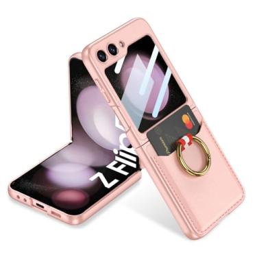 Imagem de para Samsung Z Flip 5 Capa carteira com suporte de anel de couro para Samsung Galaxy Z Flip 5 Z Flip5 ZFlip5 5G Bolsa para cartão com suporte de suporte, rosa, para Samsung Z Flip 5