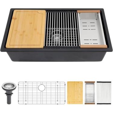 Imagem de Pia de cozinha de granito preto de 83 polegadas, estação de trabalho, quartzo, granito, composto, pia, cozinha, tigela única, sob o balcão, pias clássicas grandes profundas, 84 cm x 48 cm x 25 cm