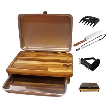 Imagem de Kit Churrasco Premium Preto - Tábua com Tampa com Faca + Pegador + Garra de urso + Escova de aço