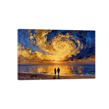 Imagem de Quadro raia em tela-Sol Romântico Praia-Azul Laranja-Arte moderna Pintura para sala de estar decoração casa Pronta para Pendurar 20x30cm