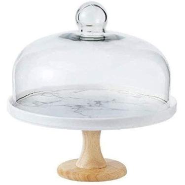 Imagem de Suporte de bolo europeu com cúpula, suporte de bolo, sobremesa plana de cerâmica com bandeja de pó de vidro sanduíche de festa básica de madeira, bandeja de servir multifuncional (tamanho: 27,5 * 27,5