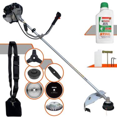 Imagem de Roçadeira Lateral Toyama TBC43-H 43cc Com Lâmina Facão, Lâmina 3 Pontas, Lâmina 40 Dentes de Vídea, Lâmina 80 Dentes + Escova de Aço + ÓLEO STIHL 2T