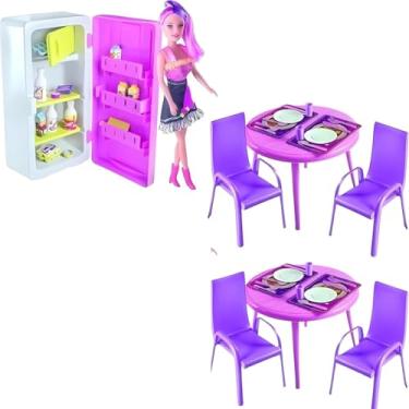 Imagem de Kit Copa de Cozinha Infantil com Boneca,Mesa Redonda, 2 Cadeiras e Armário, Rosa, para Crianças 3+, com Acessórios de Cozinha, 17cm Diâmetro