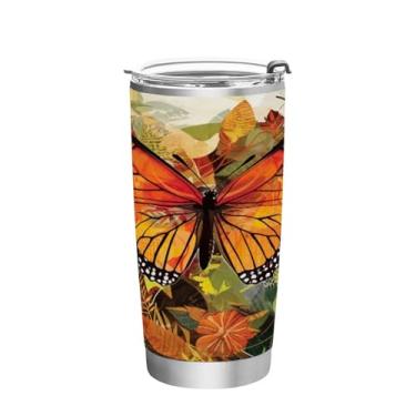 Imagem de Blueangle Copo de 590 ml com tampa e canudo, copo de café com água isolada a vácuo de aço inoxidável, caneca de viagem borboleta laranja copo térmico para bebidas quentes e frias (194)