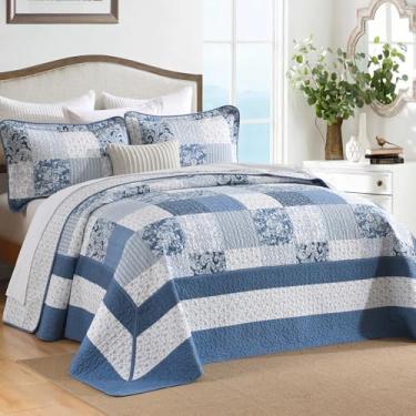 Imagem de DDUOXIN Colcha King extragrande – 304,8 cm L x 120 C Colcha extragrande 100% algodão, colcha de cama leve xadrez Paisley com 2 fronhas, azul/branco/cinza