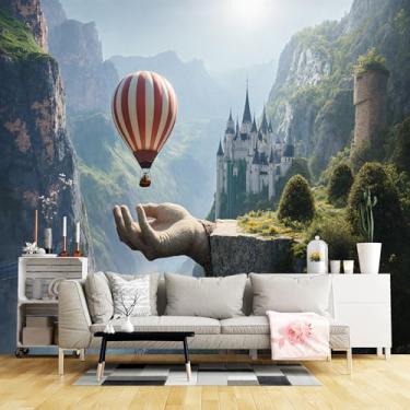 Imagem de Murais de parede de tamanho personalizado, balão de ar quente listrado branco vermelho Rocky Cliff tecido de parede autoadesivo (SEM PVC) Papel de parede grande removível para sala de estar, quarto