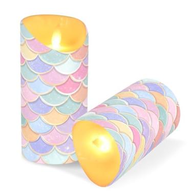 Imagem de ATTX Pacote com 2 velas coloridas de sereia sem chama – Velas de pilar de LED de 7,6 cm x 15 cm com controle remoto e temporizador para casa, casamento, decoração de acampamento #627