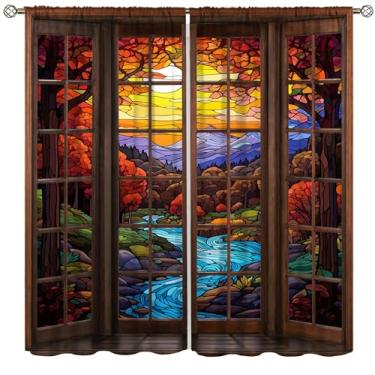 Imagem de Hazuff Cortinas de paisagem de vitrais, a arte dos afrescos botânicos da floresta em igrejas medievais antigas tratamentos de janelas cortinas de bolso de varão para sala de estar quarto cozinha 106,7