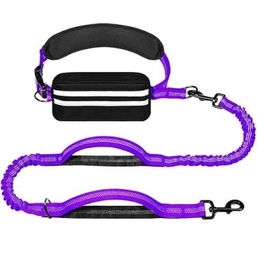 Imagem de LIEVUIKEN Coleira para cães mãos livres com bolsa com zíper, correia de corrida para passear com cães, cinto ajustável para cães grandes, design elástico reflexivo com duas alças para caminhadas