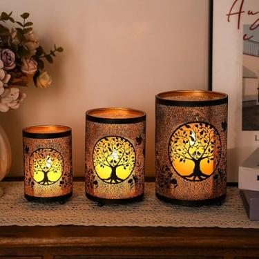 Imagem de TRIROCKS Conjunto de 3 castiçais de árvore da vida de metal preto e dourado design oco lanternas decorativas de luz de chá para mesa, lareira, sala de estar, casamento ou decoração de férias