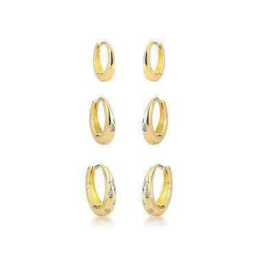 Imagem de Trio De Brincos Argola Ouro 18k - Elegância E Brilho Para Seu Look Prata