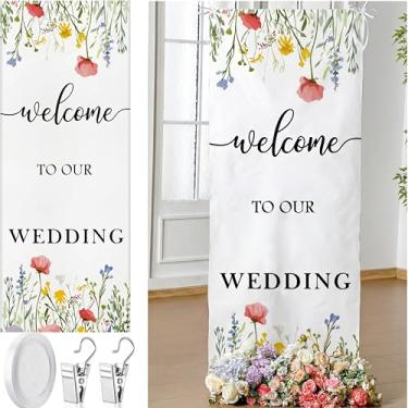 Imagem de Yousoontic Faixa de boas-vindas de casamento rústica de linho faixa de cerimônia simples com fita de cetim e clipe de retenção para cerimônia, arco, cenário de recepção (multicolorido, casamento