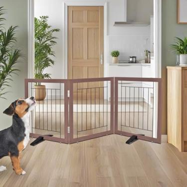 Imagem de Cerca interna para cães – Portão independente para cães com 3 painéis para portas, corredores, casa ou escadas - animal de estimação de madeira expansível retrátil de 152 x 61 cm da SFJC (marrom)
