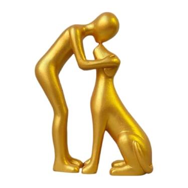 Imagem de KiBcsLic Estátua de Homem e Cachorro - Estatueta Única, Enfeite Moderno e Fofo, Escultura Artesanal de Animal de Estimação, Decoração para Casa, Mesa ou Sala, Dourado