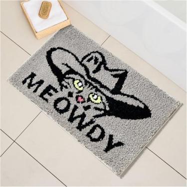 Imagem de Lansatte Tapete de banho Meowdy engraçado antiderrapante 40 cm L x 61 cm C fofo gato ocidental cowboy adornado tapetes de banheiro decorações com fundo de borracha, vintage rústico cabana country