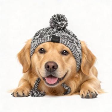 Imagem de Gorro de malha de lã para cães com abas de orelha gato forrado com lã quente para animais de estimação, acessório à prova de vento, acessório elegante para caminhadas diárias e sessões de fotos (cinza
