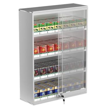 Imagem de Suporte de exibição de cigarro de alumínio bloqueável, rack de cigarro montado na parede com empurrador automático, armário de prateleira de cigarro de varejo para lojas (44,5 x 17,3 x 60 cm)