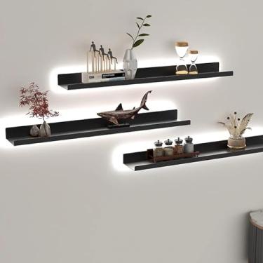 Imagem de Prateleiras de parede flutuantes, uma palavra com luzes divisória sala de estar prateleira de ferro montada na parede estante LED laminado emissão de luz nas prateleiras de parede (Cor: Cinza, Tamanho