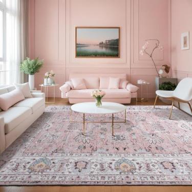 Imagem de ULTSOFE Alfombra Vintage Floral Rosa Lavable Antideslizante 8x10