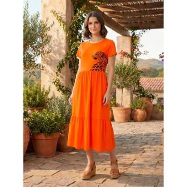 Imagem de Vestido Midi Três Marias Feminino Aveloz Estampa Onça Pintada Laranja-Feminino