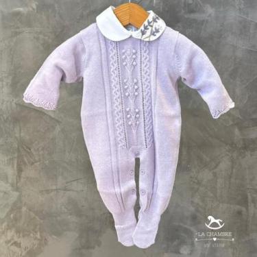 Imagem de Saída de Maternidade - Macacão Tricot Lilás c/ Ramo de Bolinhas e Body