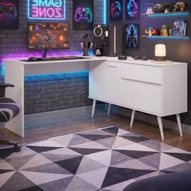Imagem de Mesa Gamer em l para Computador Strike Moderno 2 Portas 1 Gaveta MDP 136CM Branco Multimóveis