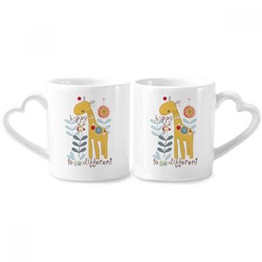 Imagem de Conjunto de canecas de porcelana para casal, desenho de girafa, amarelo, animal, com alça de coração