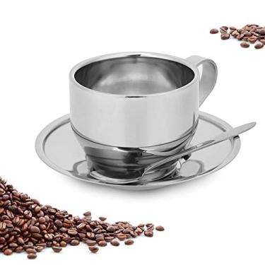 Imagem de Conjunto de canecas de café de aço inoxidável, xícara de café de parede dupla de 120 ml com pires e colher, café cappuccino café latte chá caneca expresso