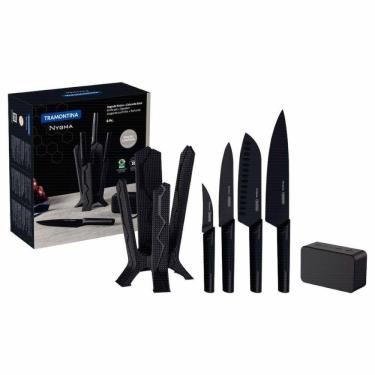 Imagem de Jogo De Facas Tramontina Nygma Com Lâmina Em Aço Inox E Cabos De Polipropileno Preto Com Suporte E Caixa De Som 06 Peças