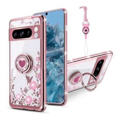 Imagem de Capa protetora feminina para Google Pixle 8 Pro, Pixle 8 Pro, com coração de borboleta de cristal brilhante, floral, fina, com suporte de anel + alça para Google Pixel 8 Pro de 6,7 polegadas (ouro