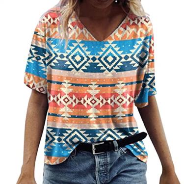 Imagem de Camisas ocidentais para mulheres com estampa solta asteca vintage étnica tribal geométrica Camisetas gráficas Top Túnica Camisa de manga casual casual feminino C99-Amarelo Large