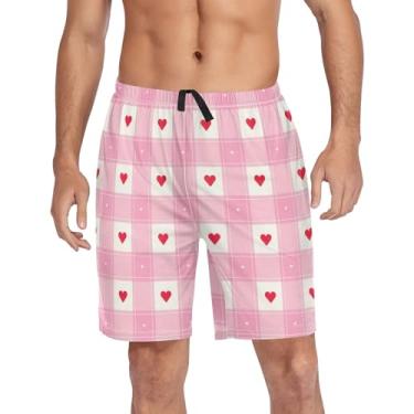 Imagem de CHIFIGNO Shorts de pijama masculino, pijama para dormir, calça de moletom com bolsos e cordão, Corações vermelhos xadrez rosa fofos, M