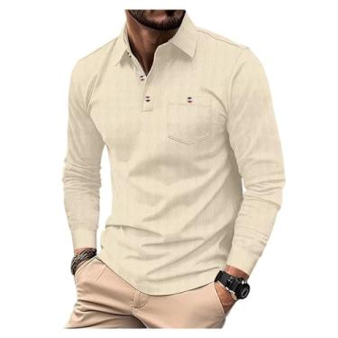 Imagem de Camisa polo masculina com bolso frontal, cor lisa, gola aberta, manga comprida, caimento justo, Bege, 3G