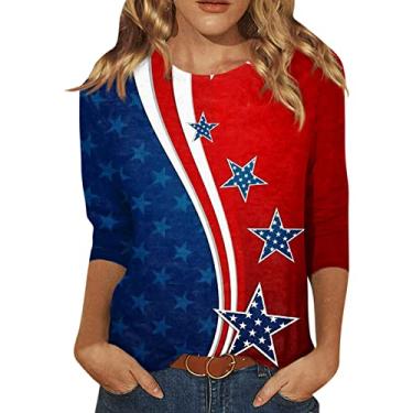 Imagem de Camisetas femininas de manga 3/4 com bandeira americana, listras estrelas, estampadas, túnica patriótica do Memorial Day, Vermelho, G