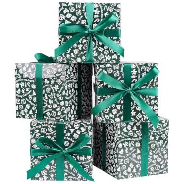 Imagem de Jaywayang Pacote com 5 caixas de presente verdes de Natal com tampas, fitas e papéis de seda caixas de presente quadradas - 18 cm - caixas de presente de presente de Natal para festas de ano novo.